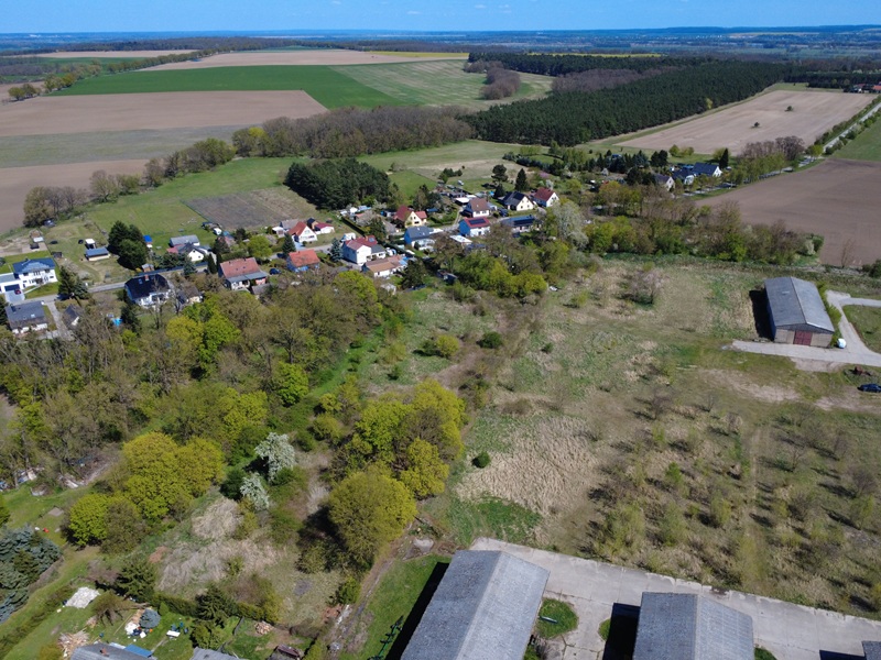 Große Grünfläche mit Baum- und Strauchbewuchs zwischen Wohngrundstücken und kleine vertragslos genutzte Gartenfläche